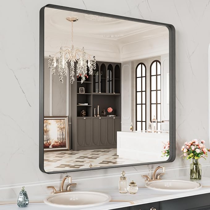 LOAAO 40X38 Inch Black Metal Framed Bathroom Mirror for Wall | Matte Black Bathroom Vanity Mirror, Anti-Rust, Tempered Glass, Hangs Horizontally or Vertically