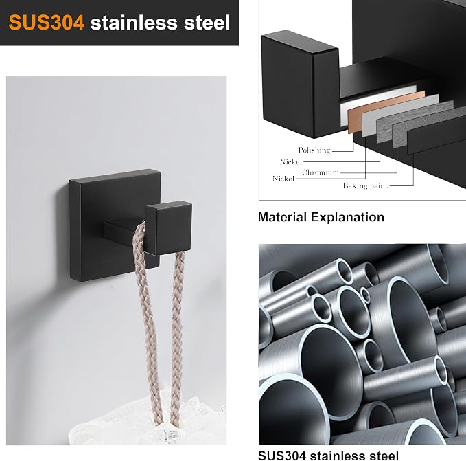 Nolimas Towel Hook Stainless Steel Bathroom Rustproof Clothes Towel Coat Hook Wall Mounted Square Toilet Kitchen, Heavy Duty Door Hanger, 2 Pack, Matte Black