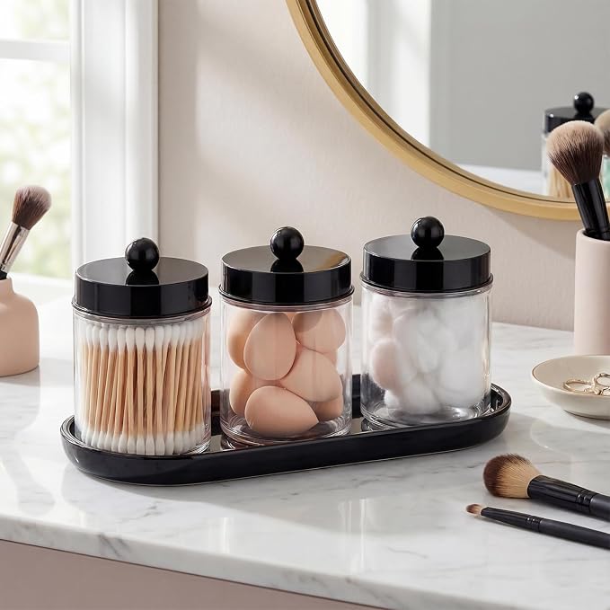SheeChung 3 Pack Glass Apothecary Jars with Acrylic Vanity Tray | Cotton Round Holder, Countertop Guest Canister Bathroom Organizers and Storage for Cotton Swabs/Balls, Floss Picks