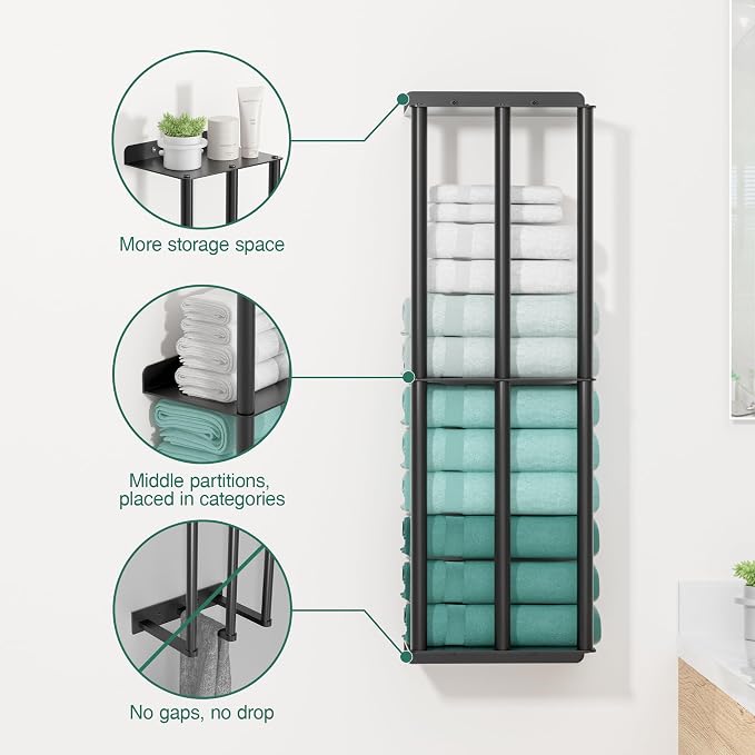 susswiff Towel Racks for Bathroom: 26 Inch Wall Mounted Towel Holder, Upgrade 2-Tier Towel Rack with 3-Vertical-Bars and 3-Steel-Shelves, for Modern Decor Bathroom Towel Storage (Matte Black)