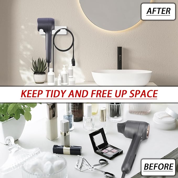Hair Dryer Holder Wall Mount, Universal Hair Dryer Hanger for Bathroom/Bedroom/Barbershop, 304 Stainless Steel Organizer with 3M Adhesive, No Drilling Space Saver (White)