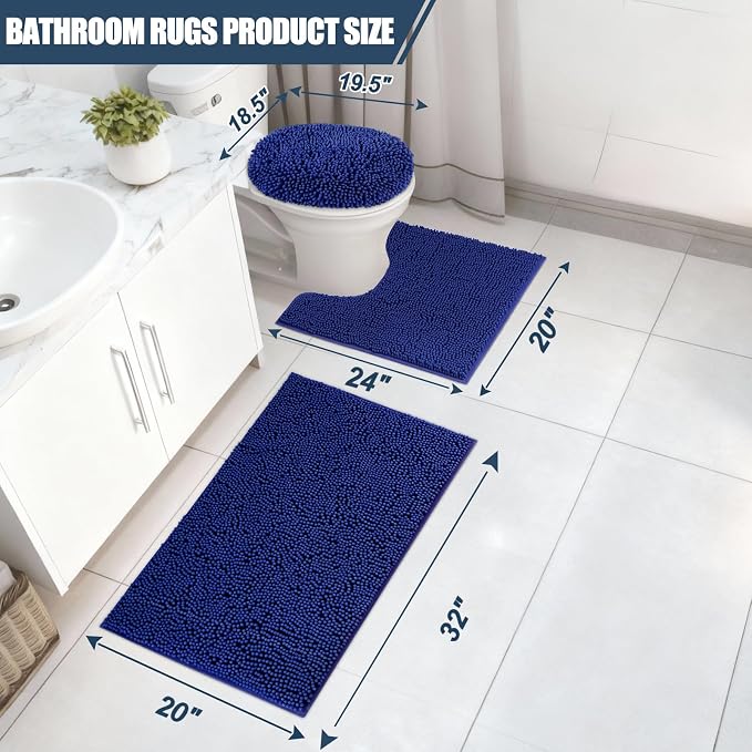 Bathroom Rugs Sets 3 Piece with Toilet Seat Cover 19.5"x 18.5" | Machine Washable Bath Rug Set with Tpr Non Slip Rubber Backing Solid Bath Mat Set for Luxury Bathroom Decoration