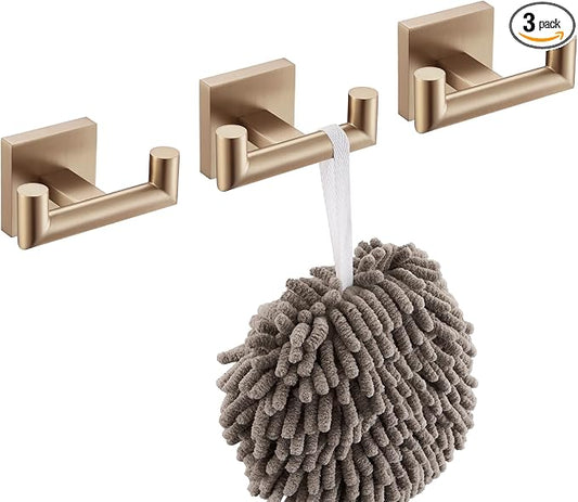 KOKOSIRI Robe Hooks Bath Towel Hooks Bathroom Hardware Double Coat Hooks Wall Mounted, 3 Pack Champagne Bronze Stainless Steel B1015CPG-P3