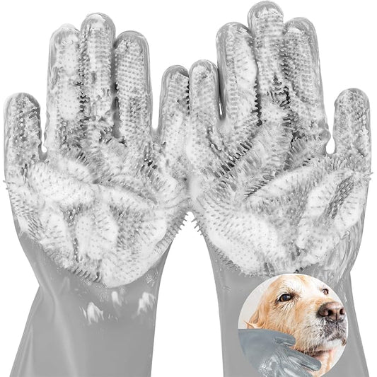 Pet Grooming Gloves, 5-Finger Silicone Dog Bath Scrubber with High-Density Teeth, Reusable Washing Massage Gloves for Dogs & Cats（Grey）