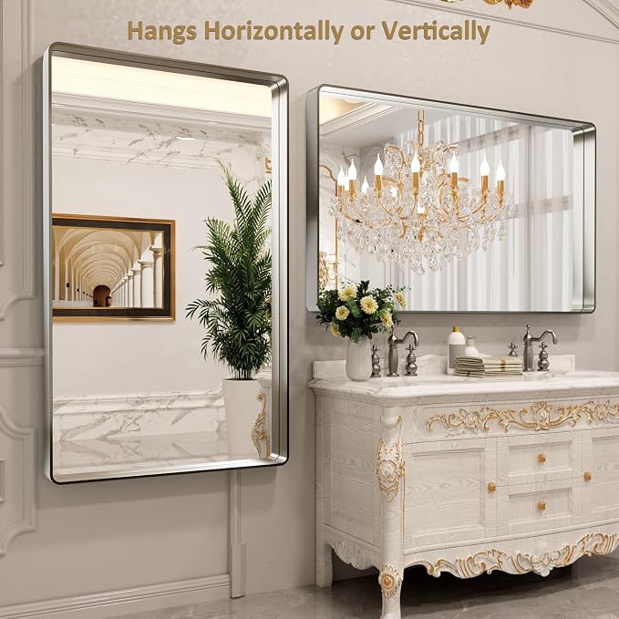 LOAAO 60X30 Inch Brushed Nickel Bathroom Mirror | Rounded Rectangle, Silver Metal Frame, Anti-Rust, Tempered Glass, Hangs Horizontally or Vertically