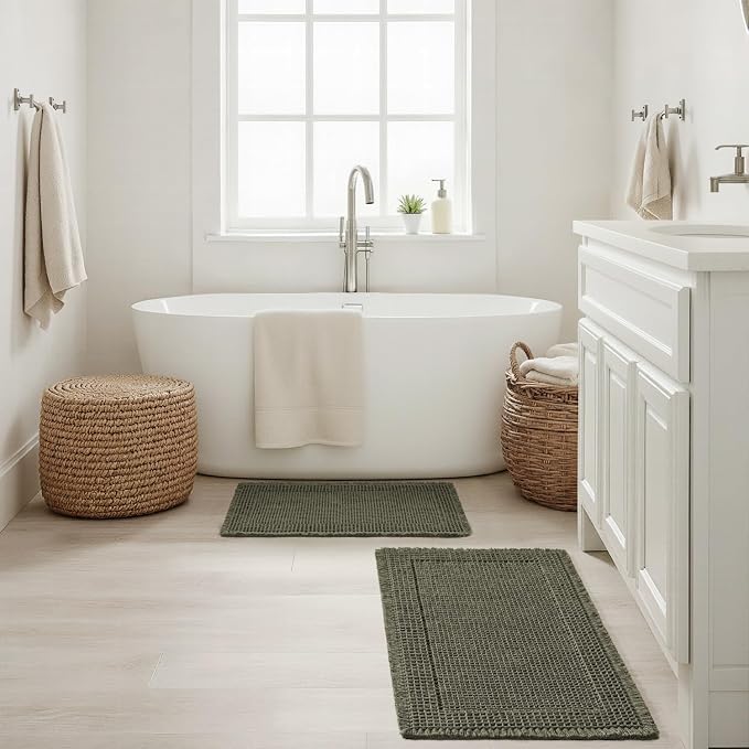 MIULEE Set of 2 Waffle Bathroom Rugs Bordered Mat Green 17"x24"+18"x30" | Non Slip, Super Absorbent, Washable, Ultra Soft, Rubber Backed Bath Rugs for Bathroom Floor Tub and Shower, Boho Decor