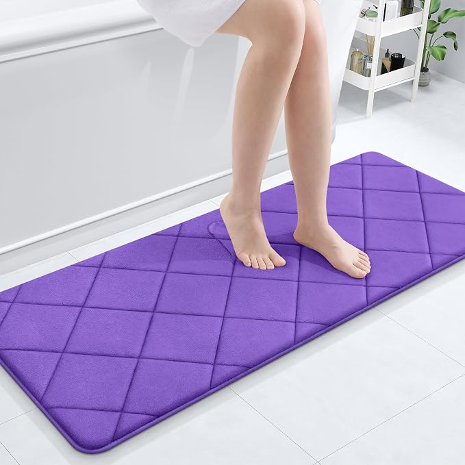 OLANLY Memory Foam Bath Mat 47x20, Ultra Soft and Absorbent Bathroom Rugs | Purple, Quick Dry, Machine Washable Shower Bath Rugs, Comfortable Bath Carpet for Bathroom Floor, Tub and Shower