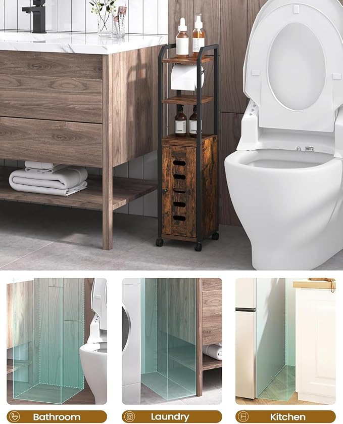 Hzuaneri Bathroom Storage Cabinet - Toilet Paper Storage Cabinet, Small Toilet Paper Holder with 4 Wheels, Bathroom Organizer with Adjustable Shelf, for Small Spaces, Rustic Brown BC04601X