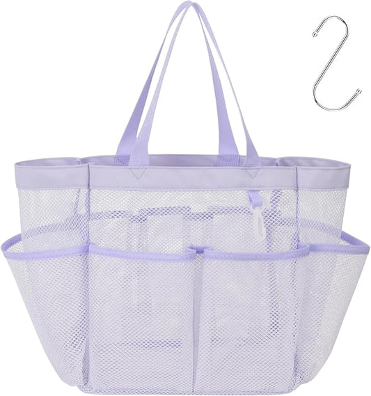 F-color Mesh Shower Caddy Portable, Upgrade Deeper 7 Pockets Shower Bag Basket Tote for College Dorm Room Toiletry Bathroom Essentials Gym Camp Quick Dry 2 handles with S Hook, Purple