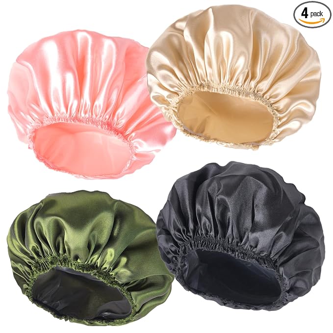 Shower Caps for Women, 4 PCS Reusable Waterproof Bath Cap | Double Layer, Washable, Wide Elastic Band, Holds Long Hair, Caps for Bath Accessories, Spa, Travel Home - Solid Color B