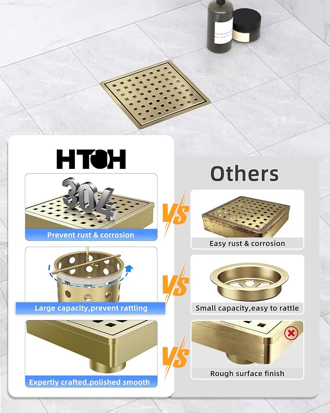 6 Inch Titanium Gold Shower Drain, Modern 304 Stainless Steel Square Shower Drain for Bathroom, Brushed Gold Shower Floor Drain with Grate Removable, Hair Strainer