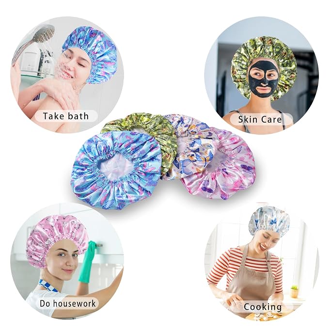 Shower Caps for Women, 4 PCS Reusable Waterproof Bath Cap | Double Layer, Washable, Wide Elastic Band, Holds Long Hair, Caps for Bath Accessories, Spa, Travel Home - Butterfly C
