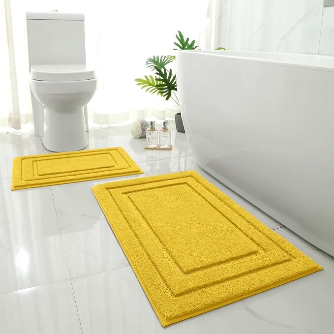 HOMEIDEAS Bathroom Rugs Sets 2 Piece, Super Soft Non Slip Bath Mat Yellow | Ultra Absorbent, Microfiber Machine Washable Bath Rug Set, for Bathroom, Tub, Shower 20" x 32" + 16" x 24"