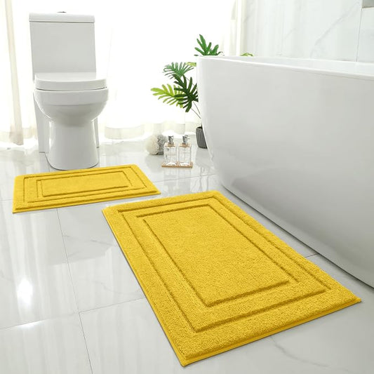 HOMEIDEAS Bathroom Rugs Sets 2 Piece, Super Soft Non Slip Bath Mat Yellow | Ultra Absorbent, Microfiber Machine Washable Bath Rug Set, for Bathroom, Tub, Shower 20" x 32" + 16" x 24"