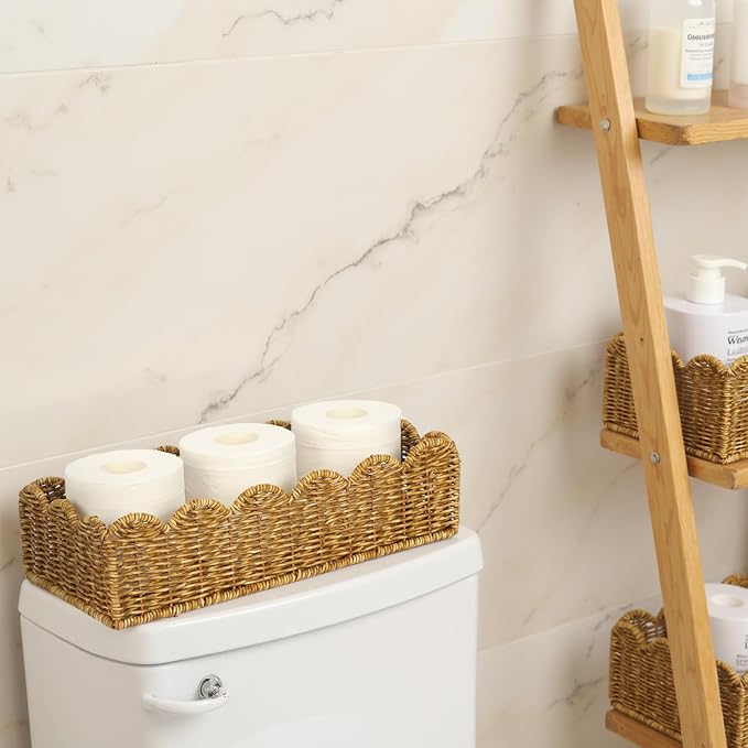 Toilet Paper Storage Organizer Basket, Scalloped Decorative Baskets for Over Toilet Shelves,Water Resistant & Easy Clean Handmade for Tank Top & Counter