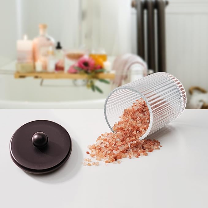 SheeChung 2 Pack Bronze Ribbe Glass Qtip Holder with Metal Lids | Apothecary Jars Bathroom Organizer Countertop Vanity Canister Set for Cotton Swabs, Rounds, Floss Picks-Modern Luxury Decor