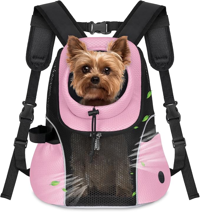 WOYYHO Pet Dog Carrier Backpack, Ventilated Mesh Small Dog Front Backpack | Breathable Puppy Back Pack, with Safety Belt, Storage Pockets, for Travel Hiking Cycling Outdoor Adventures, Pink, M