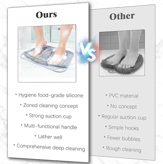 FREATECH Silicone Shower Foot Scrubber Mat 17.3" x 13", Large Foot Cleaner Brush to Clean, Exfoliate and Massage Feet Without Bending Over, Improve Foot Appearance and Overall Health, Grey