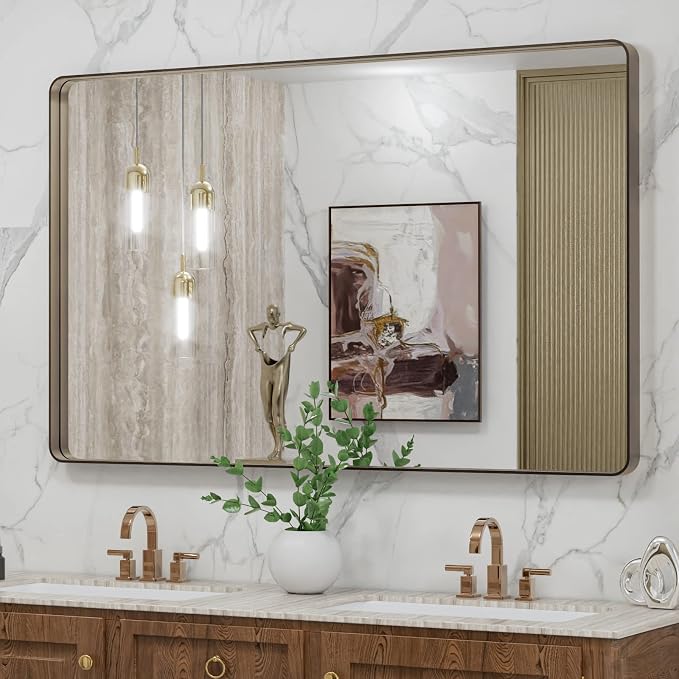 LOAAO 48"X30" Bronze Bathroom Mirror | Rounded Rectangle, Brushed Bronze Metal Frame, Anti-Rust, Tempered Glass, Hangs Horizontally or Vertically