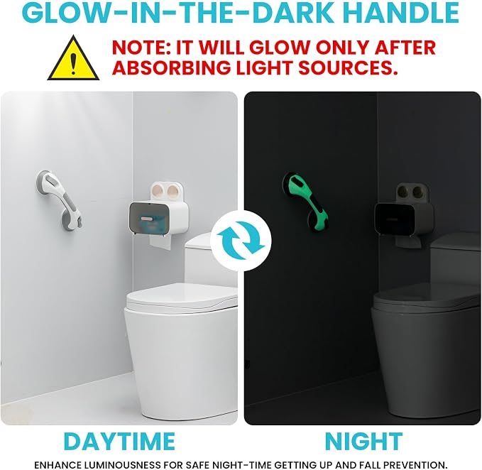 TAILI Shower Grab Bar Glow in The Dark, 12.2 in Grab Bars for Bathtubs and Showers, Bath Handles Bath Rails for Seniors and Elderly,Bathroom Safety Grip Removable No Drilling Waterproof Grey,G9