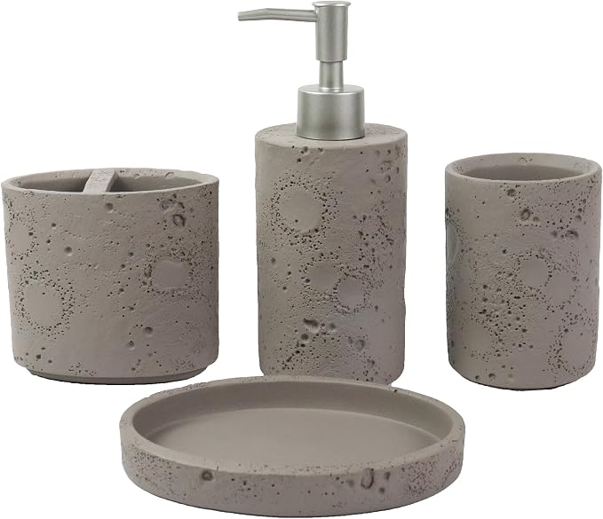 Hymmah Meteorites Bathroom Accessories Set,Farmhouse Bathroom Decor,4 Pcs Resin Gift Set Apartment Necessities, Contain Cotton Swab Jar,Soap Dispenser,Tumbler，Soap Dish/Tray