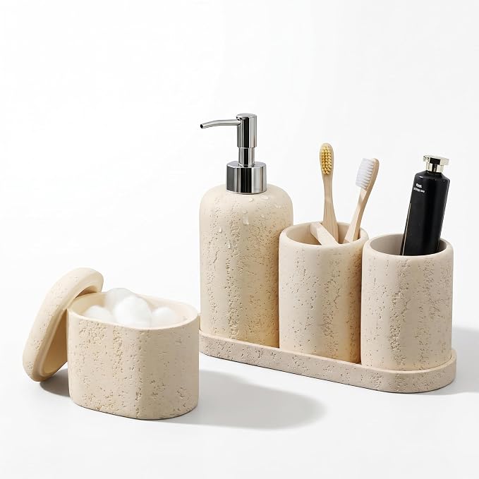 Bathroom Accessories Set, 5PCS, Travertine Stone Look, Yellow | Modern Bathroom Accessory Set with 13.53OZ Soap Dispenser, Mouthwash Cup, Toothbrush Holder, Qtip Holder, Vanity Tray