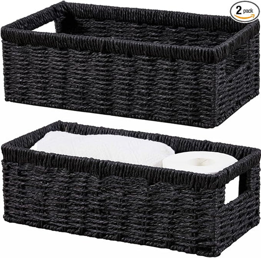 Vagusicc Wicker Storage Basket, Paper Rope Wicker Baskets with Handles, Toilet Paper Basket for Toilet Tank Top, Small Wicke Baskets for Organizing Shelves, 2-Pack, Black