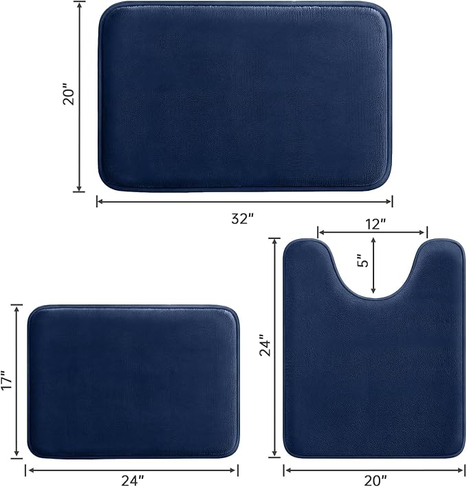 HUXMEYSON 3-Piece Memory Foam Bathroom Rug Set, Navy | Quick Dry Velvet Surface, Non-Slip & PVC Backing, Ultra Soft Bath Rugs for Bathroom, 17"x24"+20"x32"+U Shape 20"x24"
