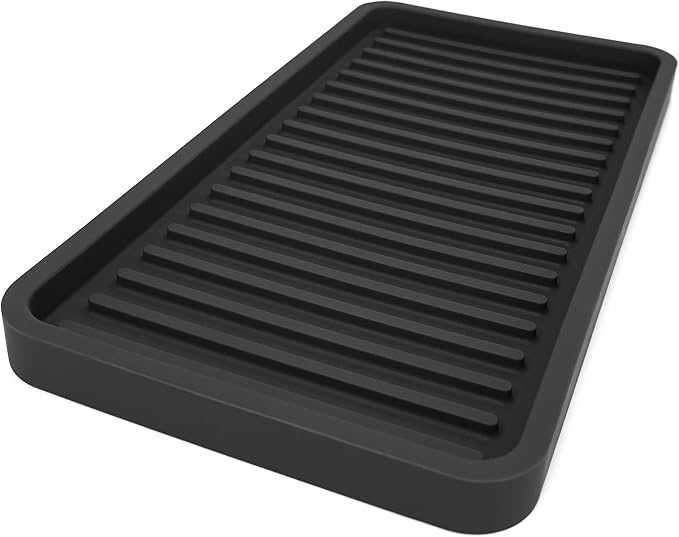 Silicone Sink and Surface Organizer Tray, Sponge Holder, Vanity Tray, Trivet, Heat Safe, Dishwasher Safe, for Bathroom and Kitchen Organization (Black, 10"x5.25")