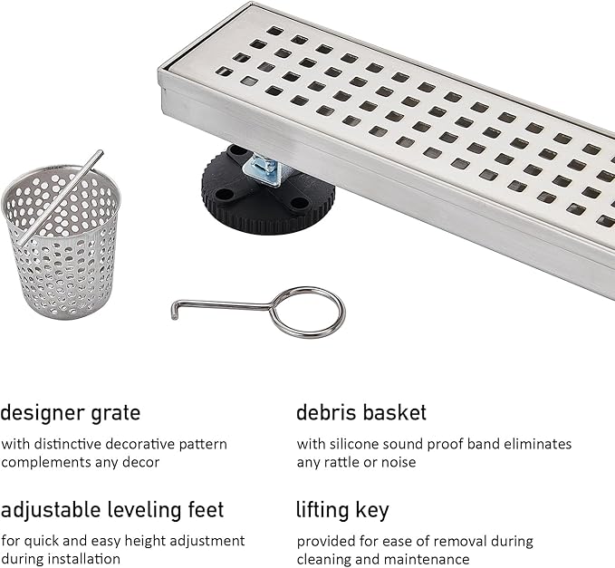 AVSIILE Linear Shower Floor Drain, Brushed Nickel 36 Inch 304 Stainless Steel Bathroom Drains Kit, Long Rectangular Shower Trench Drain with Square Pattern Drain Cover & Hair Catcher