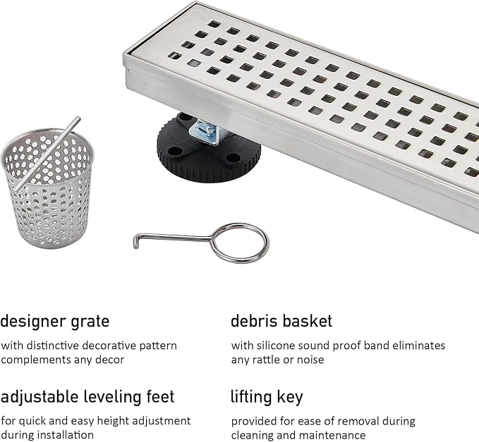 AVSIILE Linear Shower Floor Drain, Brushed Nickel 54 Inch 304 Stainless Steel Bathroom Drains Kit, Long Rectangular Shower Trench Drain with Square Pattern Drain Cover & Hair Catcher