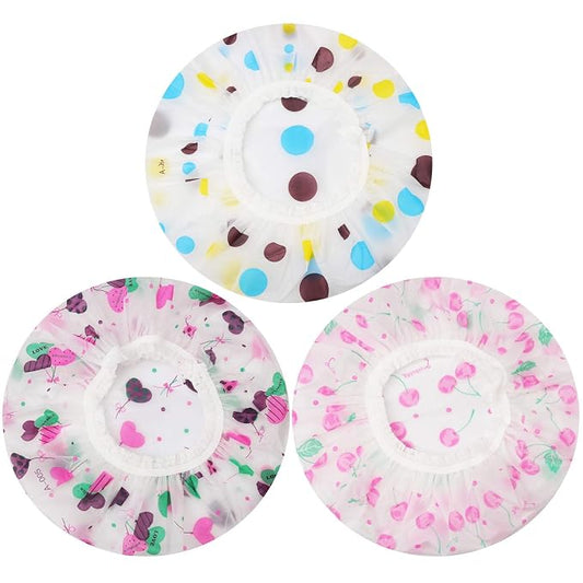 3 Pcs Reusable Shower Caps for Women, Waterproof Bath Hair Caps | Elastic Band Fit, Travel Friendly, for Shower, Makeup, Spa, Cooking