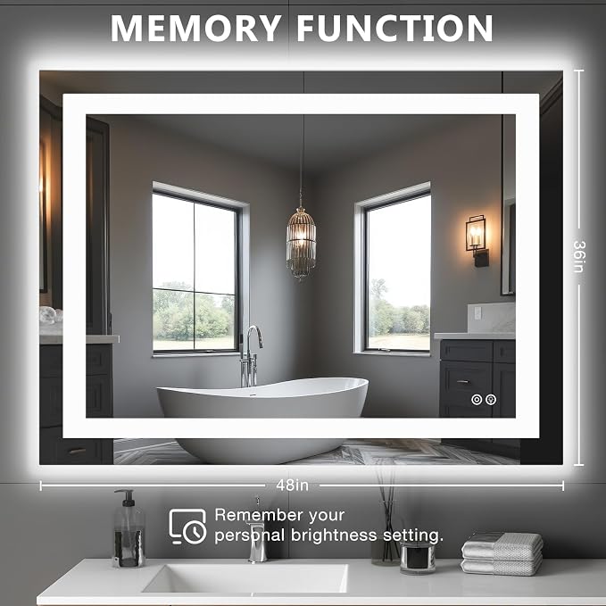 DUMOS 36.1"x48.1" LED Bathroom Mirror, Bathroom Vanity Mirror | Smart Anti-Fog, Front Light and Backlit, 3 Color Temperatures, Dimmable, Memory Function