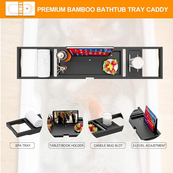 Bathtub Tray Black- Expandable Bamboo Wooden Bath Trays for Bathub - Bath Tub Table Tray for Bathtub/Tub,Adjustable Size, Fits Most Tubs