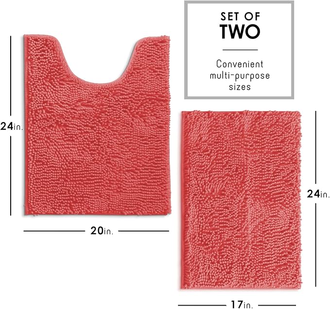 Hearth & Harbor Bathroom Rugs, Chenille Bath Mat - Machine Washable Bath Mats for Bathroom Non-Slip Backing Rubber, Quick Dry Bathroom Mat - Rose 17x24-20x24