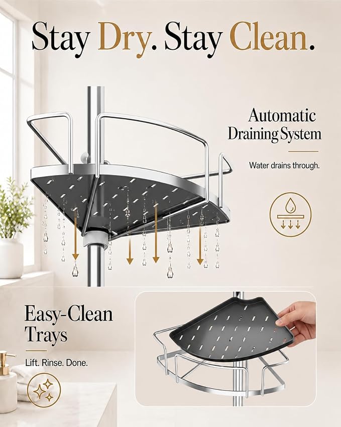 ALLZONE Corner Shower Caddy Tension Pole, 4 Hang-On Basket with Mixed-Height Shelves for Various Bottle Sizes, Extra Hooks & Soap Holder, Rustproof Stainless Steel, Fits 34–116 Inch, Silver/Dark Gray