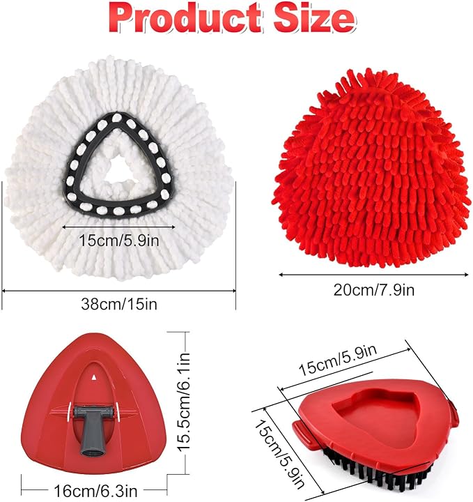 Mop Replacements Heads for OCedar EasyWring, 3 Microfiber Head Refills and 3 Chenille Pads,1 Scrub Brush, and 1 Base