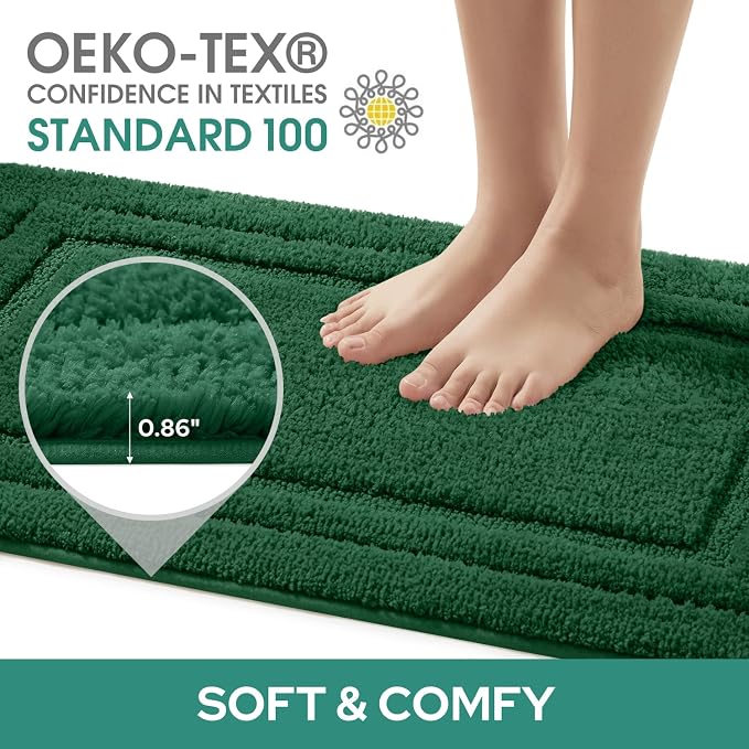 HOMEIDEAS Dark Green Bathroom Rugs Set of 3, Non Slip Bath Mats | Super Absorbent, Plush Microfiber, Machine Washable, Stain Resistant, Easy Care, Perfect for Modern Bathroom Decor