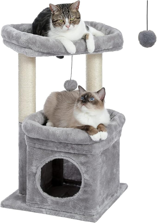 PEQULTI Indoor Cat Tree Tower Small Cats, Sisal Post & Cozy Condo, Grey | Private soft cat condo, soft top perch, natural sisal scratch posts, plush pom-pom toy for indoor kitties