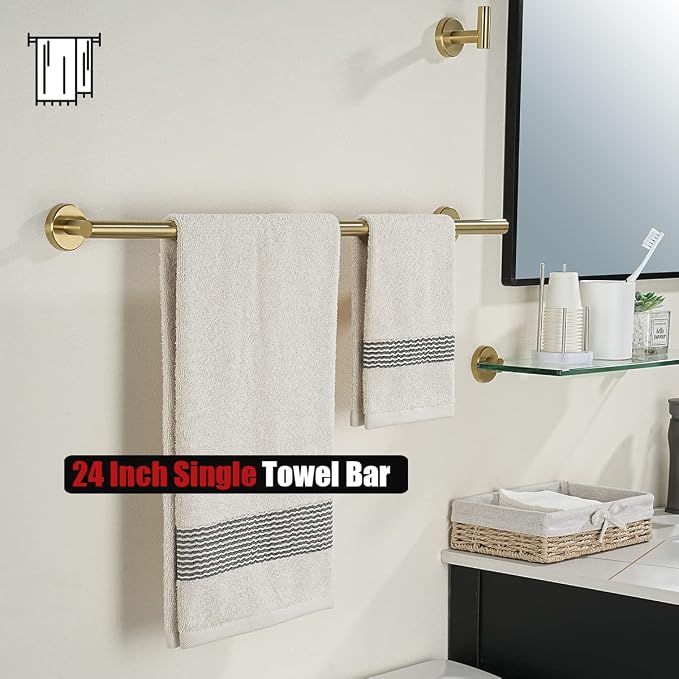 JQK Bath Towel Bar, 27 Inch Brushed Light Gold Towel Rack Bathroom, 304 Stainless Steel Thicken 0.8mm Towel Holder Wall Mount, Useable Length 24 Inch, TB110L24-BG