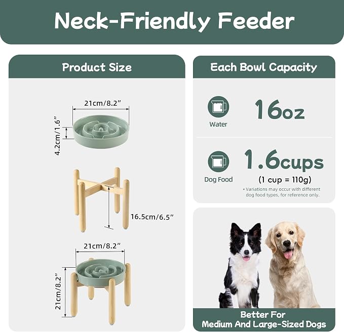 Havniva Elevated Slow Feeder Dog Bowls, Ceramic Dog Bowl Slow Feeder | 1.6 Cups Raised Slow Feeding Bowl for Medium Breed, Puzzle Dog Food Bowl with Wooden Stand, Non-Slip, Anti-Choking