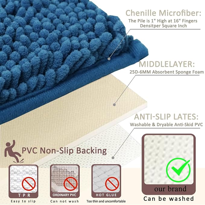 Bathroom Rugs Sets 3 Piece Non Slip,Bath Rugs with PVC Backing Bath Carpet,Bathroom Rug Washable,Absorbent,Plush Carpet Mats,Bath Mats for Bedroom, Kitchen,Tub,Home Decor (Deep Blue)