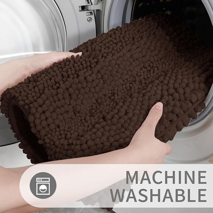 Yimobra U Shaped Toilet Rug Set, Absorbent Chenille, 32x20+24x20, Brown | Non Slip Machine Washable Quick Dry Bath Mat Set, Soft Plush Shower Rugs for Bathroom Floor Sink Tub and Shower Outside
