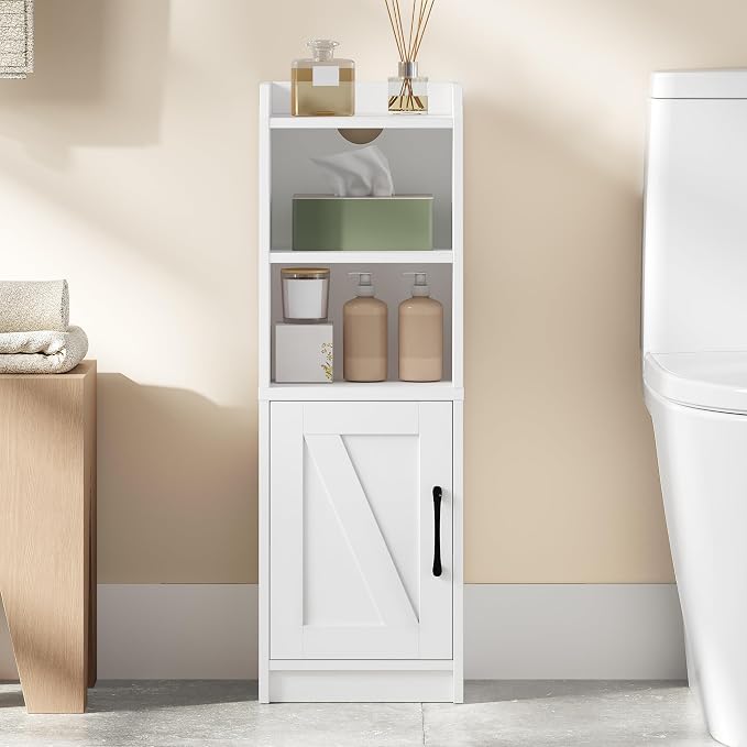 Hzuaneri Bathroom Storage Cabinet, Small Farmhouse Corner Floor Cabinet with Door and Shelves, Narrow Toilet Paper Holder Stand, Bathroom Organizer with Adjustable Shelf, for Small Spaces, White