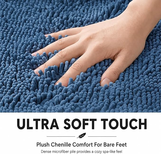 Bathroom Rugs Sets 2 Piece,Super Absorbent Soft,Thick,Machine Washable Chenille Bath Mat,Non Slip Toilet Floor Rug,Bath Mats for Bathroom,20x32 Plus 20x20 U Shape,Denim Blue