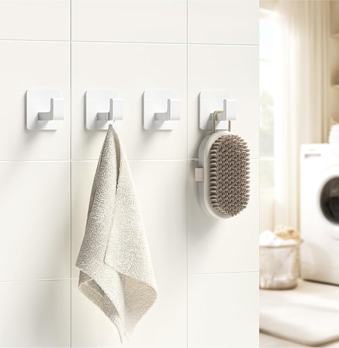 GWAAZXGZ Square Self Adhesive Towel Hooks - 2 Pack Matte White Metal Hooks, Right-Angle Design for Towels, Robes & Hats, Organize Bathroom, Kitchen, Entryway, Doors, Cabinets on Smooth Surfaces