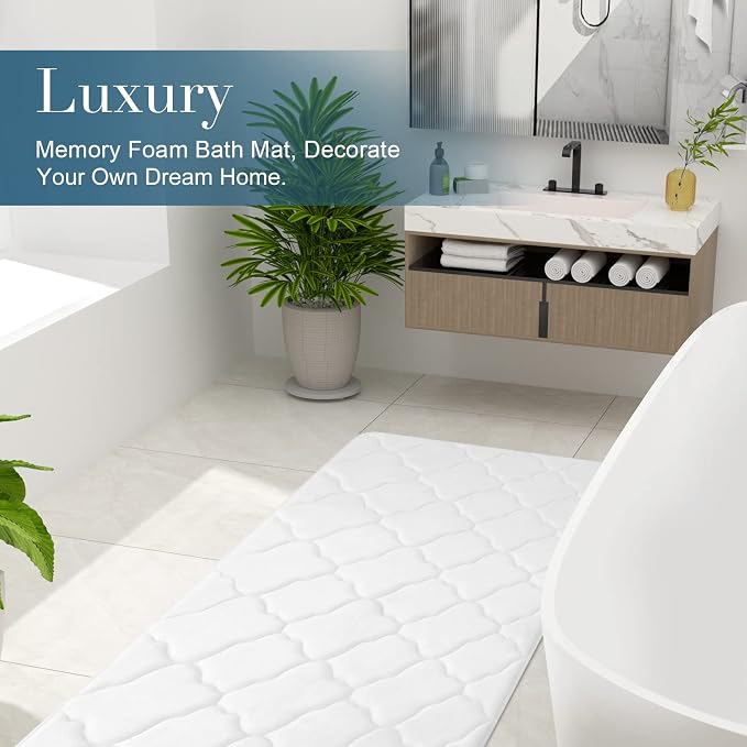 OLANLY Memory Foam Bath Mat Rug 47x24, Ultra Soft Bathroom Rugs, White | Thick Absorbent Carpet, Non-Slip Backing, Machine Washable, for Bathroom Floor, Tub, Shower and Home Decor Accessories