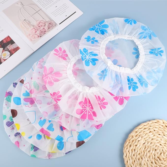 6 Pcs Shower Caps, Waterproof Bath Caps Plastic Reusable Shower Caps Elastic Band Bath Hair Caps for Women Kids | PE material, 10.6 in, elastic fit, travel-friendly, for women, kids, bathing, makeup, hair care, cooking