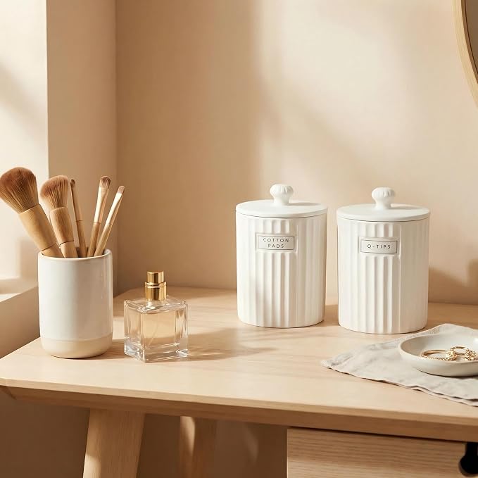 Ronasip White Ceramic Bathroom Organizer and Storage Jars with Lid, 2 Pack Qtip Holder and Cotton Pad Dispenser, Apothecary Canisters for Vanity, Kitchen Countertop, Home Decor
