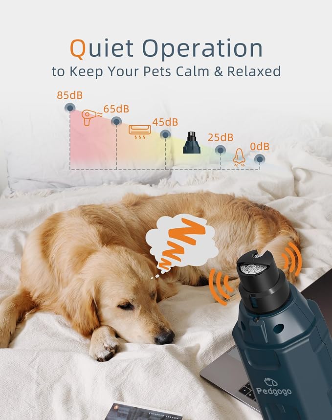 6-Speed Dog Nail Grinder& 5 Grinding Heads with 2 LED Lights | Super Quiet (45 db) Pet Nail grinder 12000RPM & 3 Grinding Ports with Dust Cap Dog Nail Trimmer for Large Medium Small Dogs